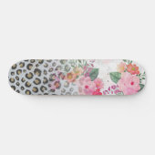 Silver Gold Black leopard Print Pink Flowers Skateboard (Horizontaal)