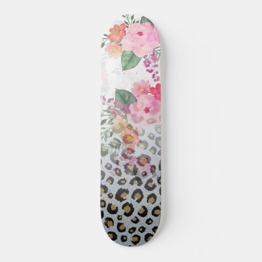 Silver Gold Black leopard Print Pink Flowers Skateboard (Voorkant)