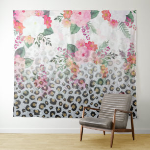 Silver Gold Black leopard Print Pink Flowers Wandkleed