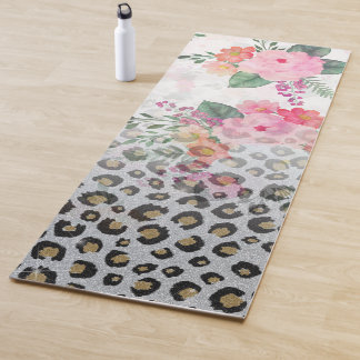 Silver Gold Black leopard Print Pink Flowers Yogamat