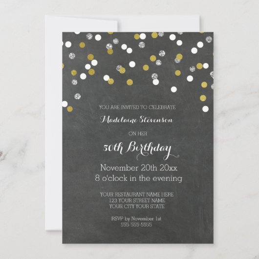 Silver Gold Chalkboard Confetti 50e verjaardag Kaart (Achterkant)
