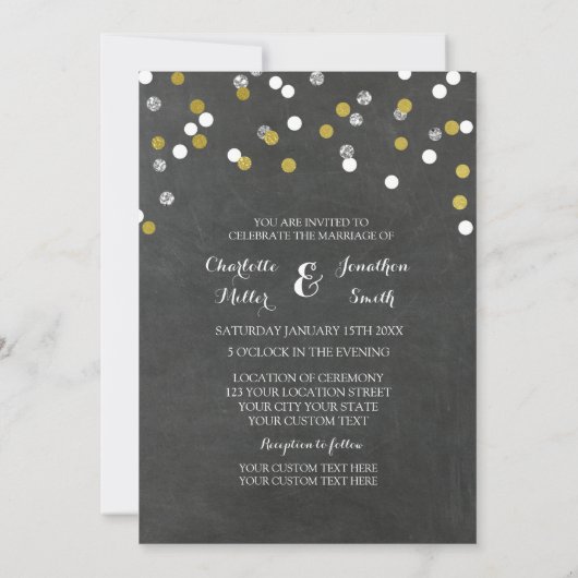 Silver Gold Chalkboard Confetti Wedding Invitation Kaart (Achterkant)