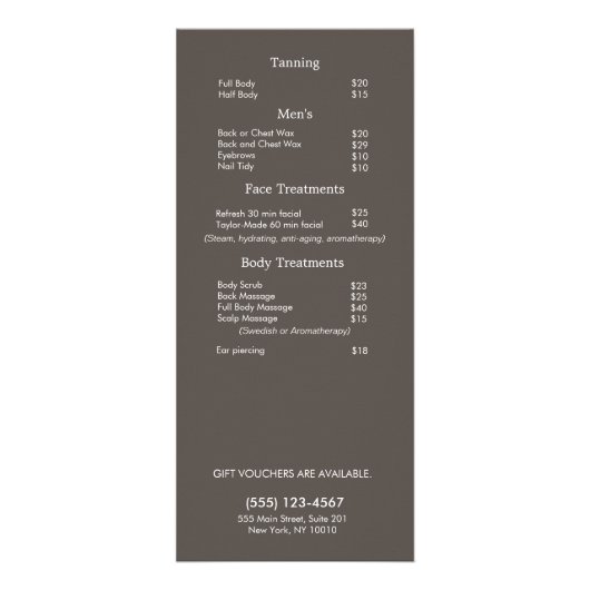 Silver Gold Feuille Beauté Salon Prix Menu (Dos)