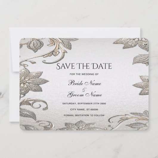 Silver Gold Floral Save the Date Kaart (Voorkant)