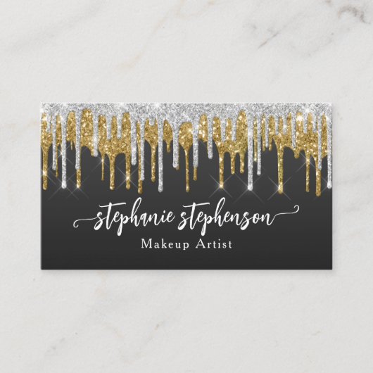 Silver + Gold Glitter Drip Mode Stylist Modern Visitekaartje (Voorkant)