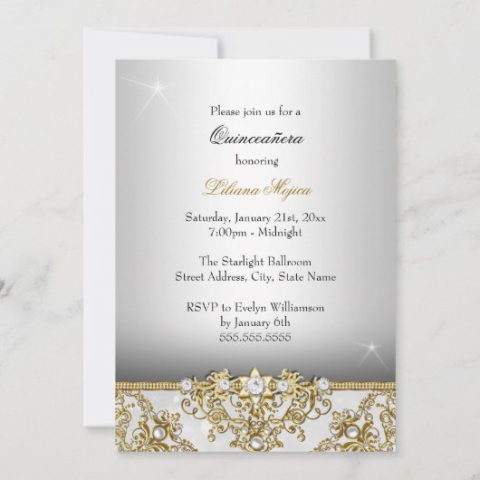 Silver & Gold Pearl Damask Quinceanera Invitation (Dos)
