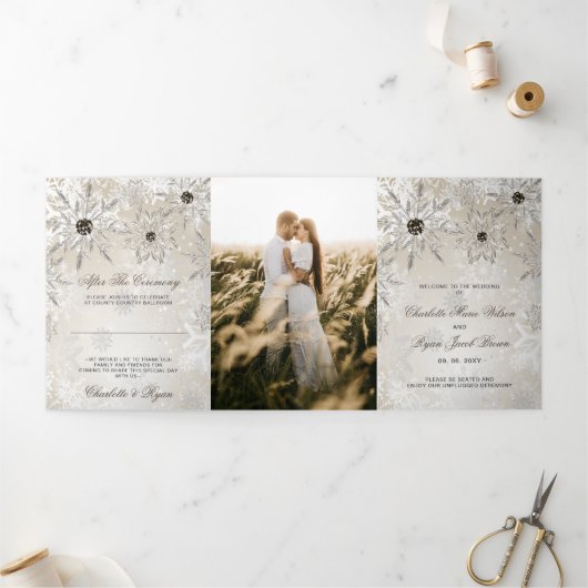 Silver Gold Snowflake Winter Wedding Drieluik Programma (Buitenkant)