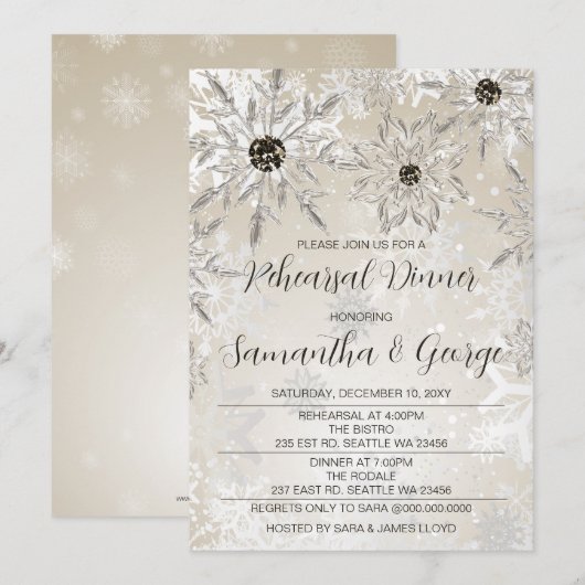 Silver Gold Snowflakes Winter Rehearsal Dinner Kaart (Voorkant / Achterkant)