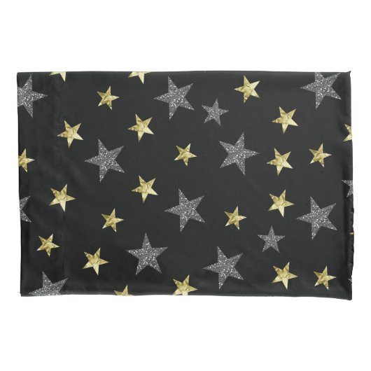 Silver & Gold Stars Black Hollywood Star Glam Kussensloop (Voorkant)