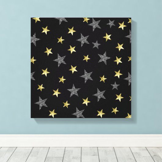 Silver & Gold Stars Black Hollywood Star Party Canvas Afdruk (Insitu (Houten vloer))