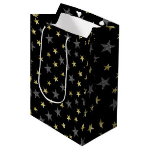 Silver & Gold Stars Black Hollywood Star Party Medium Cadeauzakje