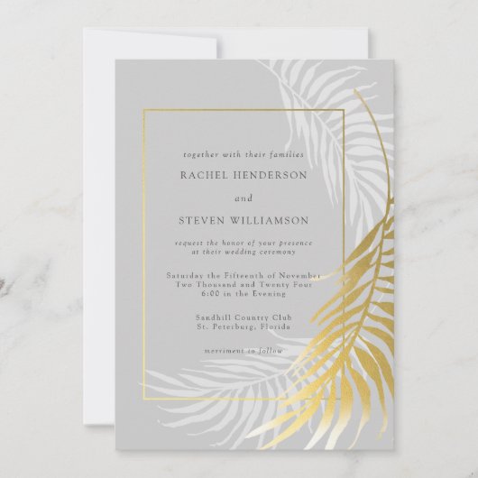 Silver Gold Wedding Tropical Greenery Invitation Kaart (Voorkant)