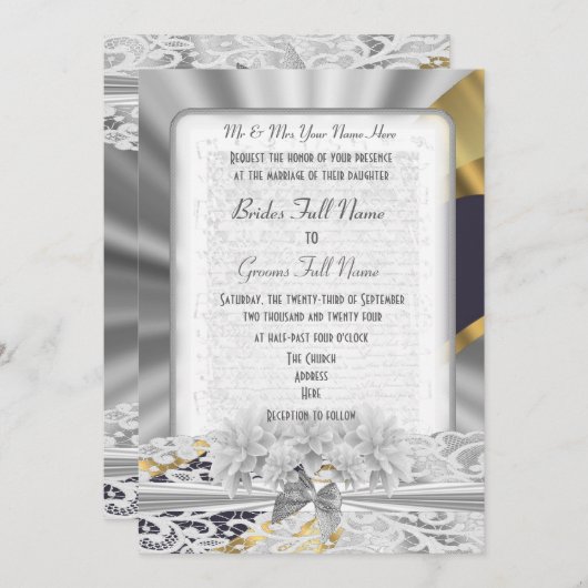 Silver Gold White lace monogram bruiloft Kaart (Voorkant / Achterkant)