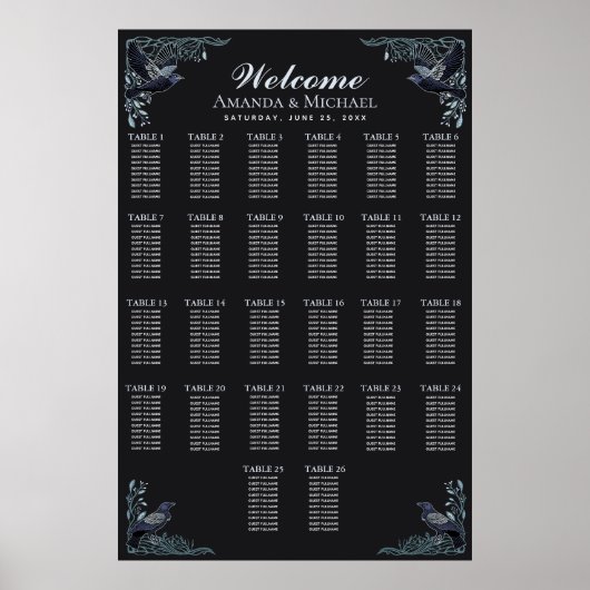 Silver Gothic Raven Wedding Seating Chart Poster (Voorkant)