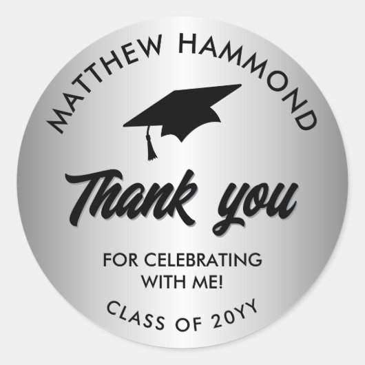 Silver Graduating Class Thank You Grad Cap Ronde Sticker (Voorkant)