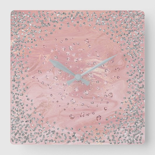 Silver Gray Diamonds Crystals Marmer Pink Vierkante Klok (Voorkant)