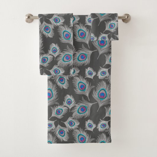 Silver Gray en Turquoise Peacock Feather Bad Handdoek (Insitu)