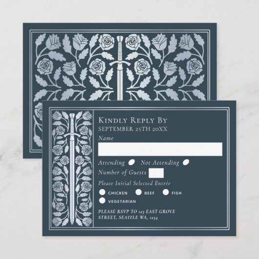 Silver Gray Medieval Sword Wedding RSVP (Devant / Derrière)