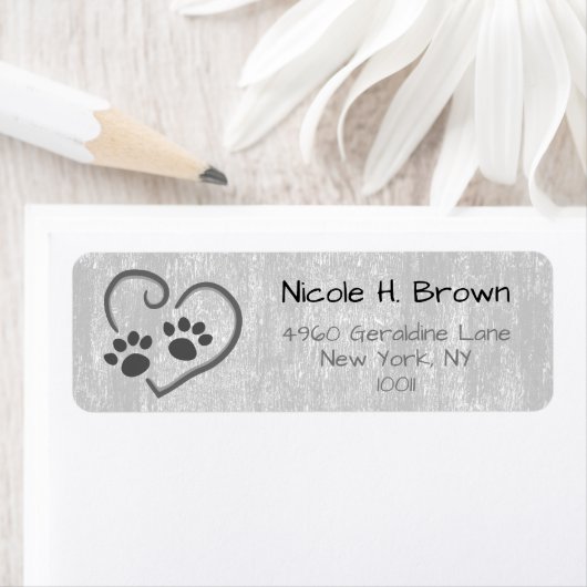 Silver Gray Paw Prints On Heart Mailing Address Etiket (Insitu)