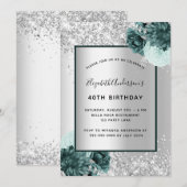 Silver green floral elegant jarig kaart (Voorkant / Achterkant)