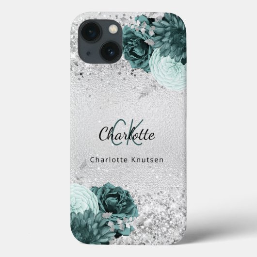 Silver green florals elegant monogram name Case-Mate iPhone case (Achterkant)