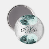 Silver green florals elegant monogram name magneet (Voorkant / Achterkant)