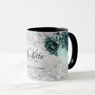 Silver green florals elegant monogram name mok