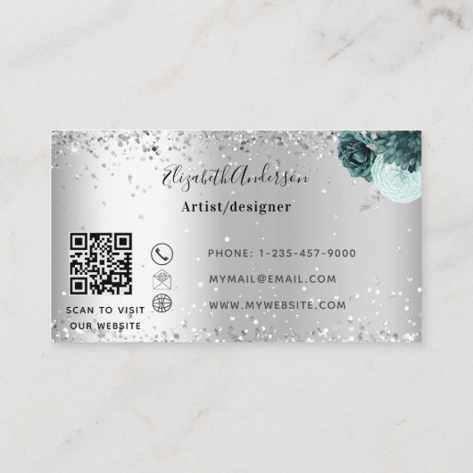 Silver green florals elegant QR-code Visitekaartje (Achterkant)