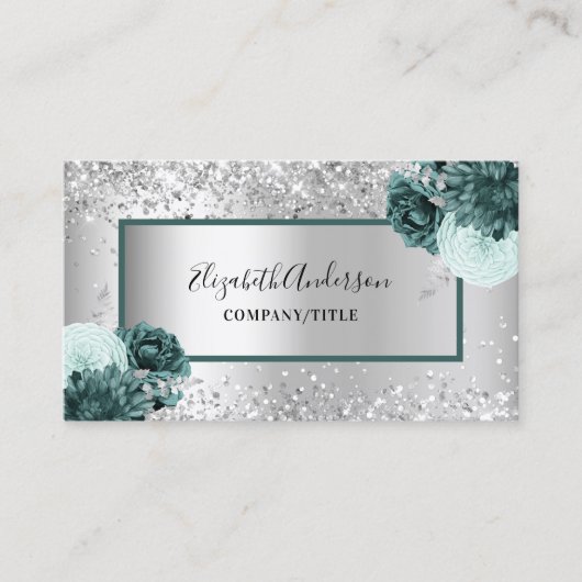 Silver green florals elegant QR-code Visitekaartje (Voorkant)