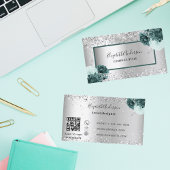 Silver green florals elegant QR-code Visitekaartje