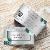Silver green florals elegant QR-code Visitekaartje