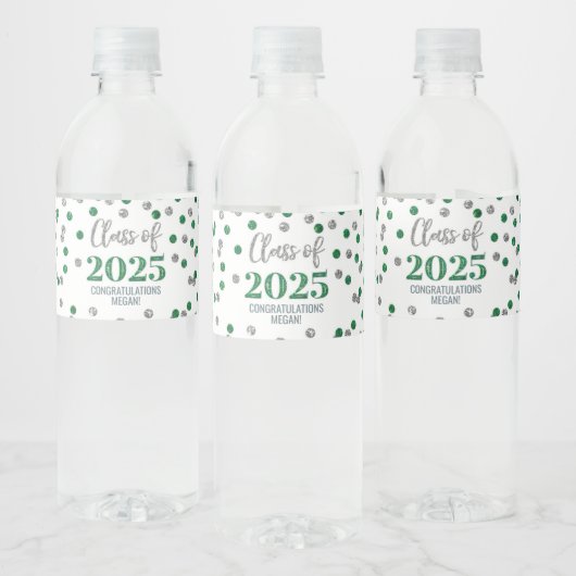 Silver Green Glitter Klasse van 2025 Afstuderen Waterfles Etiket (Flessen)
