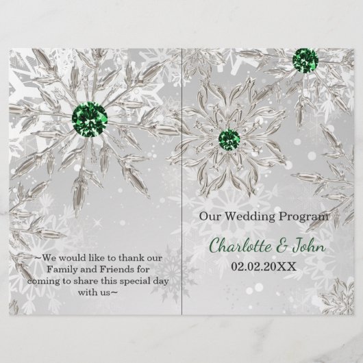 Silver Green Snowflake Winter Wedding Programme (Voorkant)