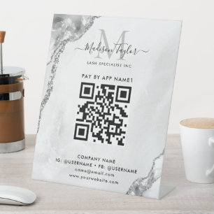 Silver Grey Agate Monogram Scan om QR-code te beta Reclamebord Met Voetstuk