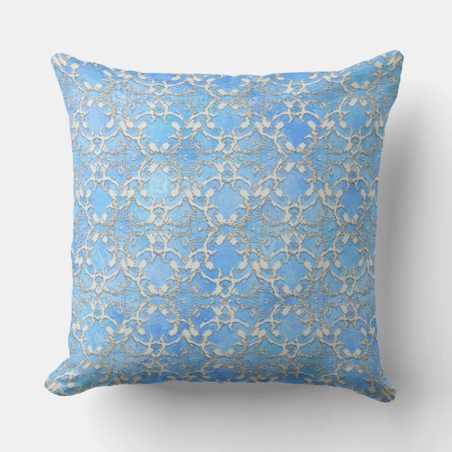 Silver Grey Blue Dansende Scroll Pattern Buitenkussen (Voorkant)