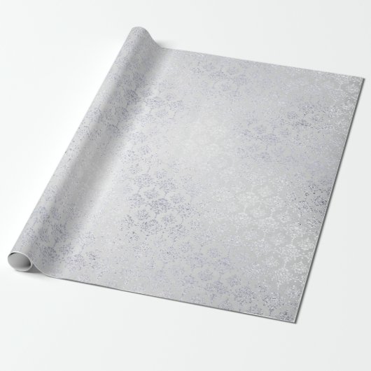 Silver Grey Damask Metallic Shiny Monochromatic Cadeaupapier (Uitgerold)