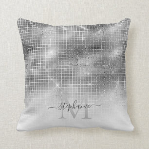 Silver Grey Disco Ball Mosaic Sparkly Monogram Kussen