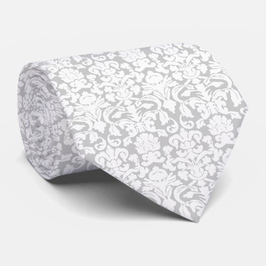 Silver Grey en white Damask Stropdas (Opgerold)