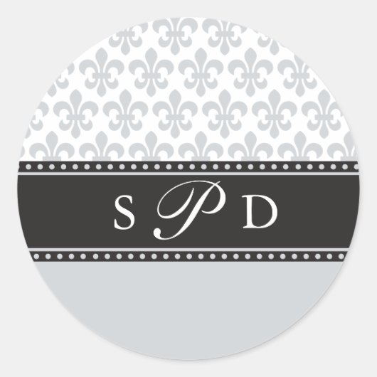 Silver Grey Fleur de lis Bruiloft Monogram Sticker (Voorkant)