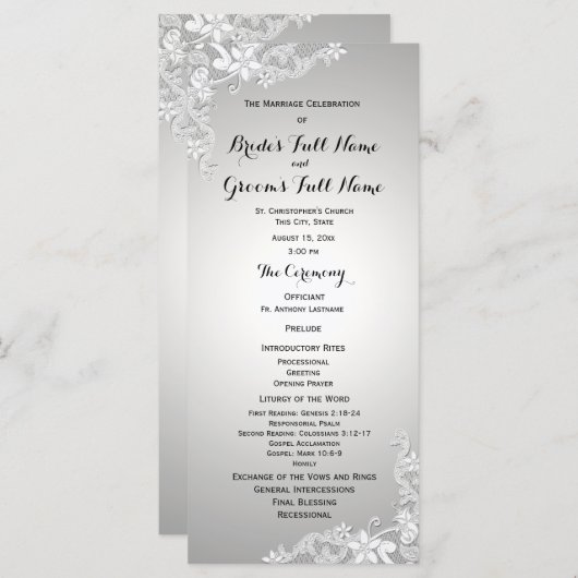 Silver Grey Floral Lace Wedding Programme Programma (Voorkant / Achterkant)