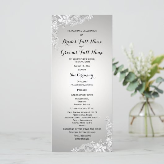 Silver Grey  Floral Lace Wedding Programme Programma (Staand voorkant)