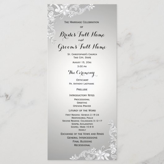 Silver Grey Floral Lace Wedding Programme Programma (Voorkant)