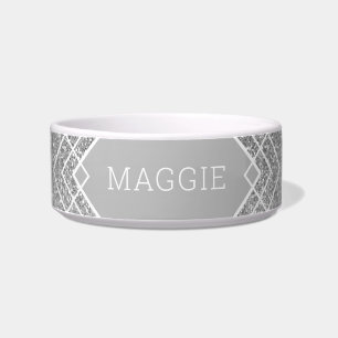Silver Grey Glitter Art Deco Pattern Naam Voerbakje