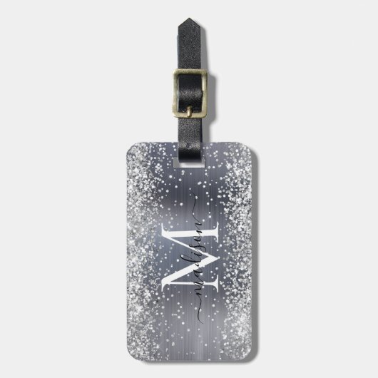 Silver Grey Glitter Brushed Metal Monogram Script Bagagelabel (Voorkant verticaal)