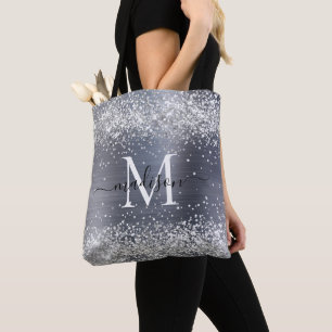 Silver Grey Glitter Brushed Metal Monogram Script Draagtas