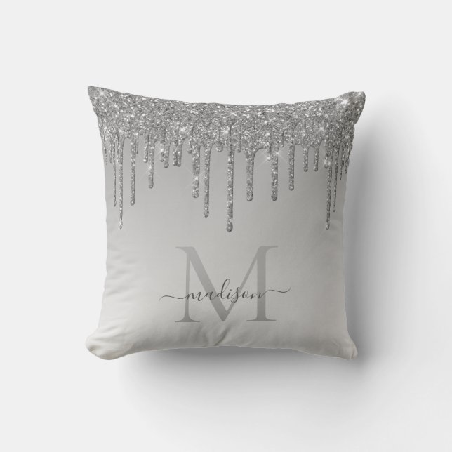 Silver Grey Glitter Drips Glam Monogram Script Kussen (Voorkant)