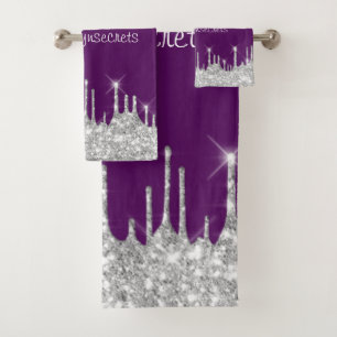 Silver Grey Glitter Effect Drift Plum Paars Name Bad Handdoek
