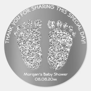Silver Grey Glitter Feet Baby shower Favor Dank Ronde Sticker