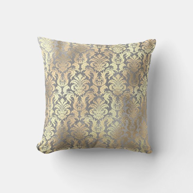 Silver Grey Gold Damask Antonietta Champaigne Kussen (Voorkant)