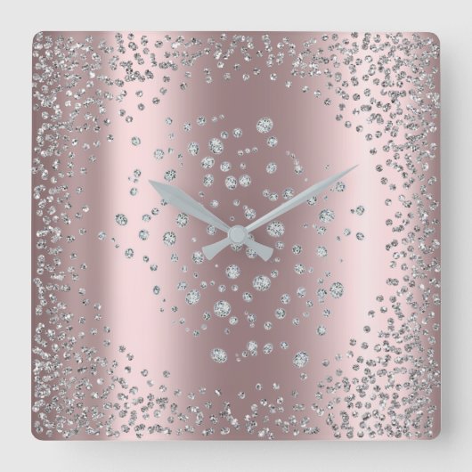 Silver Grey Graphite Diamond Crystals Roos Gold Vierkante Klok (Voorkant)